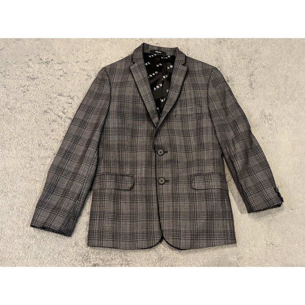 DKNY Blazer Womens 12R Wool Blend Gray Plaid Donna Karan New York Casual Office